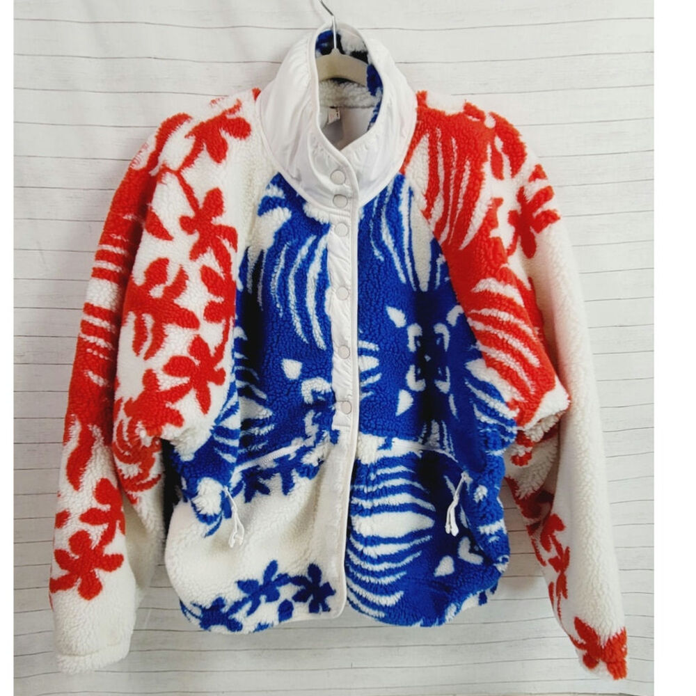 Free People Red White and Blue Floral Sherpa Jacket